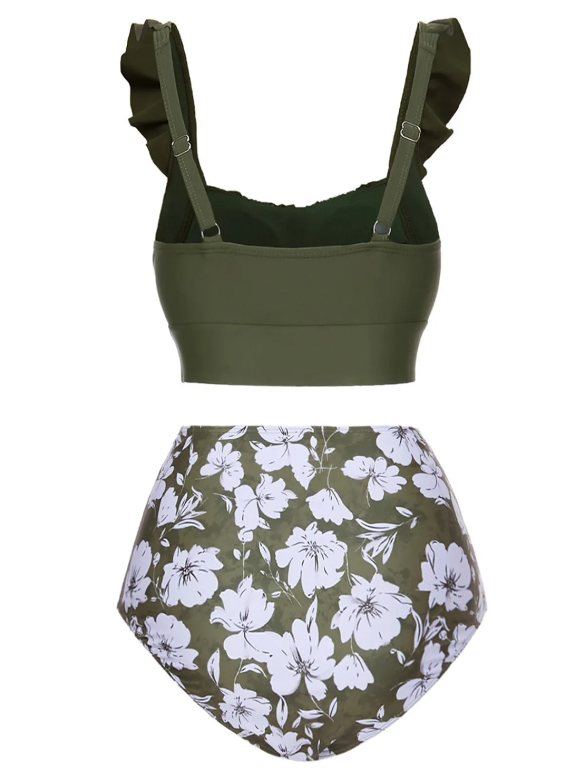 Discount Retro Stage Green 1950s Floral Ruffles Pleated Swimsuit Army Green