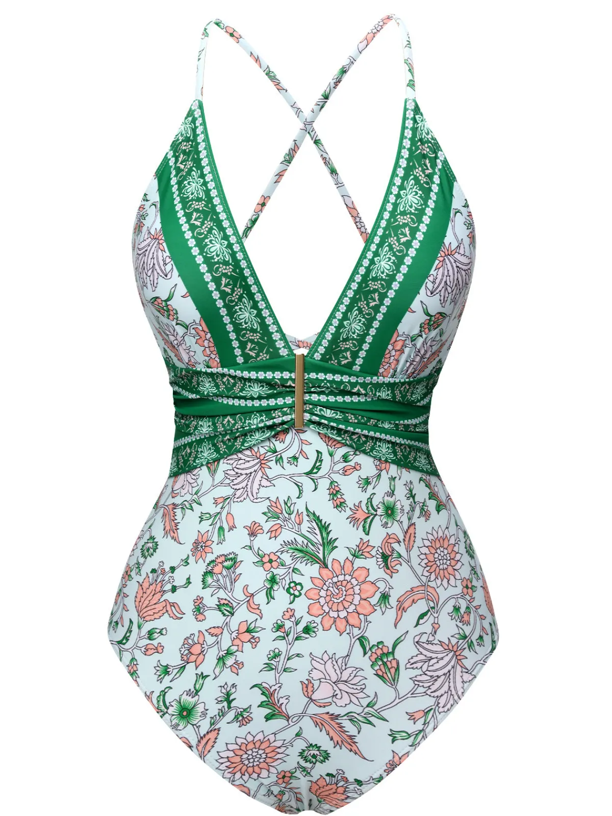 Best Retro Stage 1950s Floral Spaghetti Strap Swimsuit Green