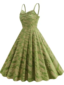 Outlet Retro Stage 1950s Floral Suspender Swing Dress Green