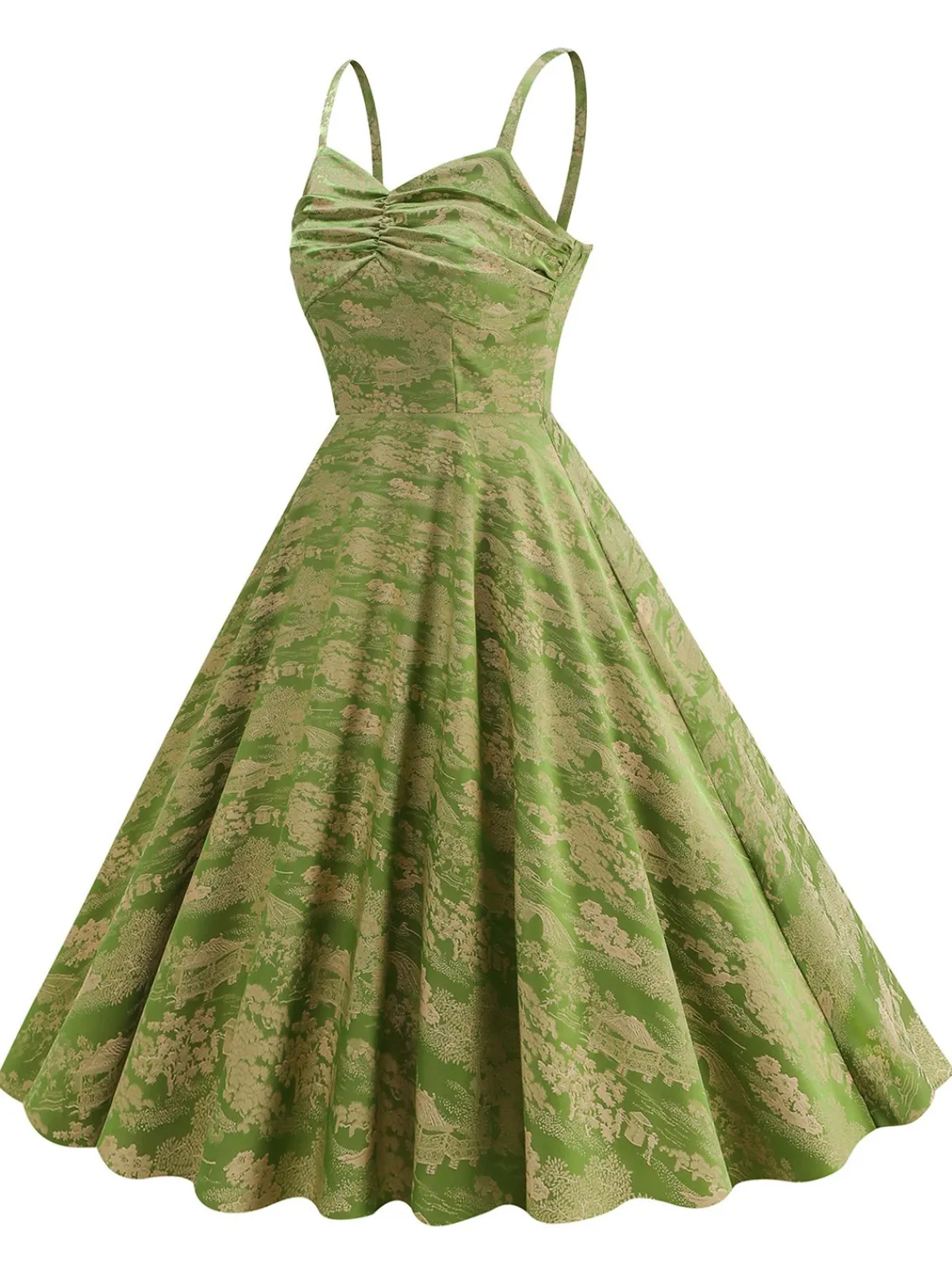 Outlet Retro Stage 1950s Floral Suspender Swing Dress Green