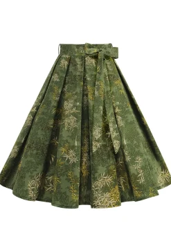 Sale Retro Stage 1950s Floral Swing Belted Skirt Green