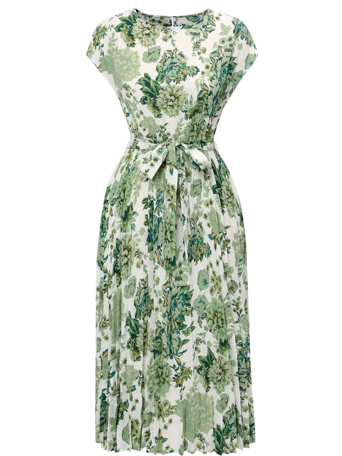 Best Retro Stage 1940s Floral Tie Belt Dress Green