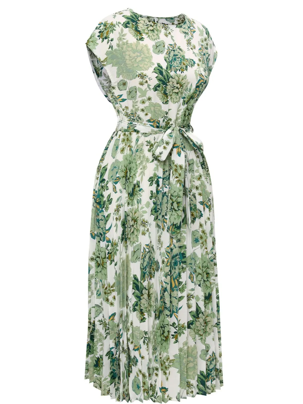 Best Retro Stage 1940s Floral Tie Belt Dress Green