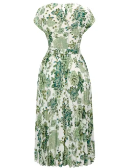 Best Retro Stage 1940s Floral Tie Belt Dress Green