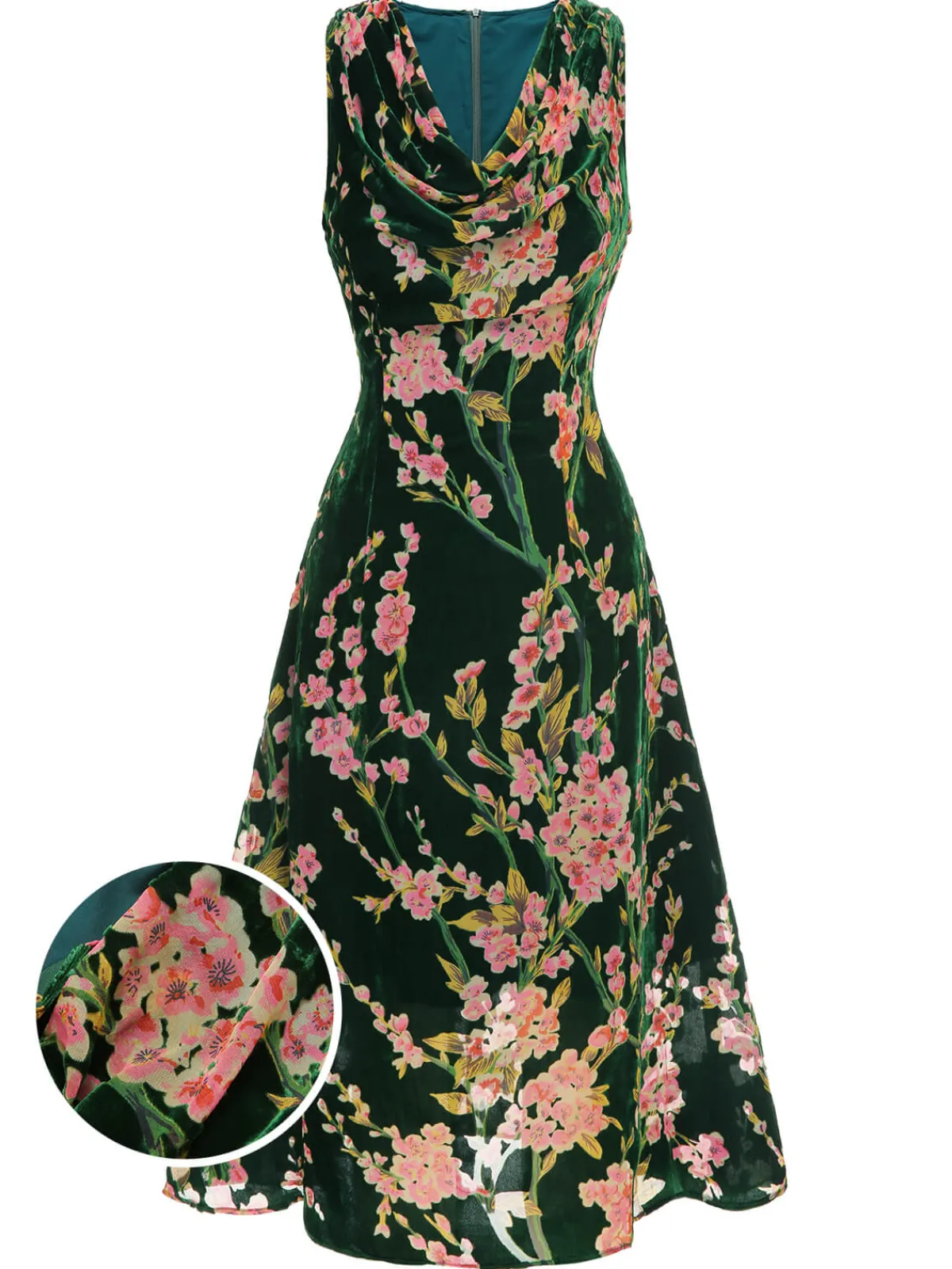 Hot Retro Stage 1930s Floral Velvet Sleeveless Dress Green