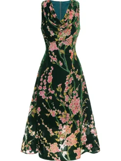 Hot Retro Stage 1930s Floral Velvet Sleeveless Dress Green