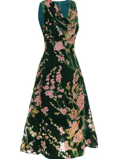 Hot Retro Stage 1930s Floral Velvet Sleeveless Dress Green
