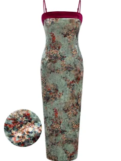 Best Retro Stage 1960s Floral Velvet Spaghetti Strap Dress Green