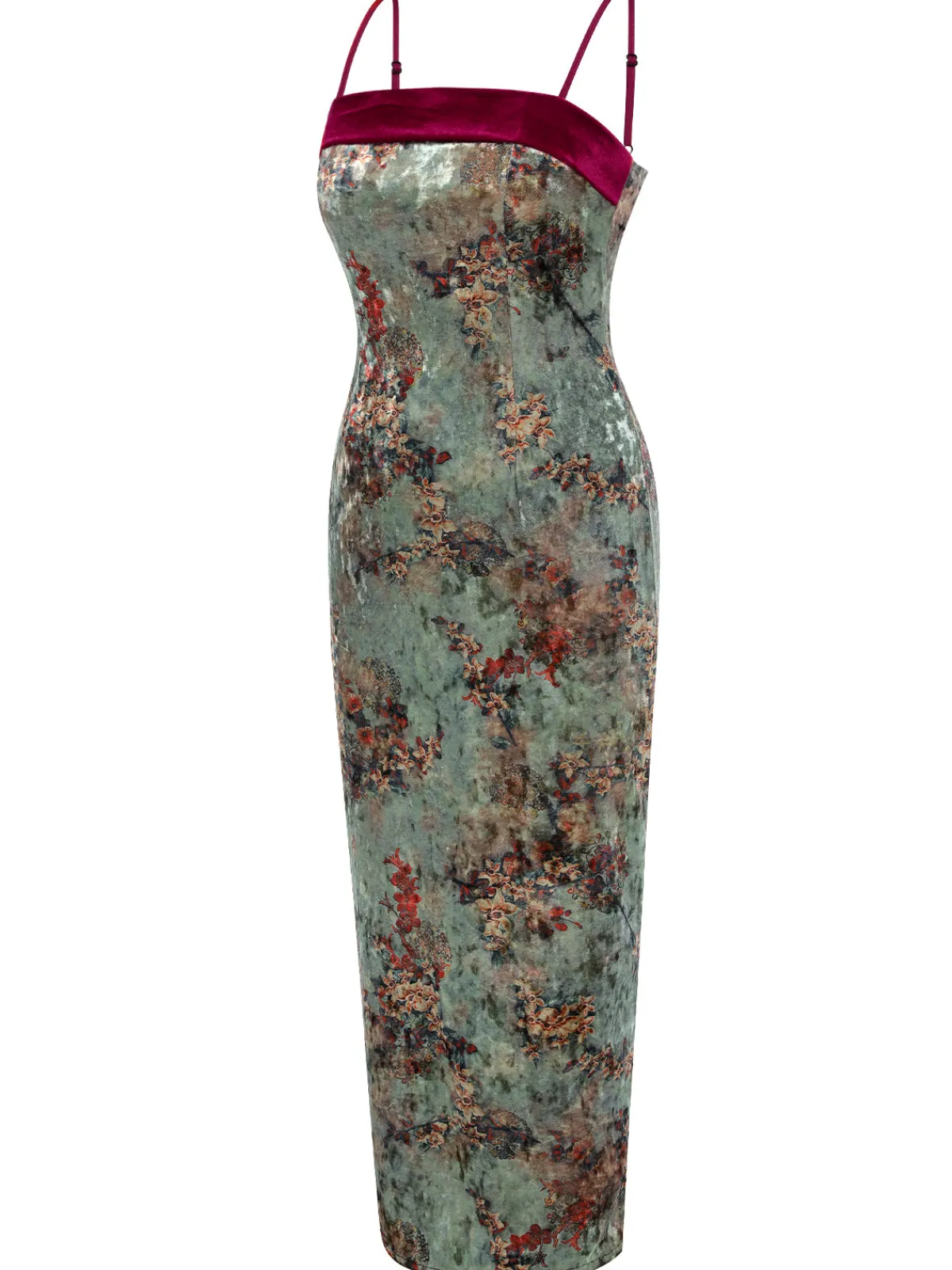 Best Retro Stage 1960s Floral Velvet Spaghetti Strap Dress Green