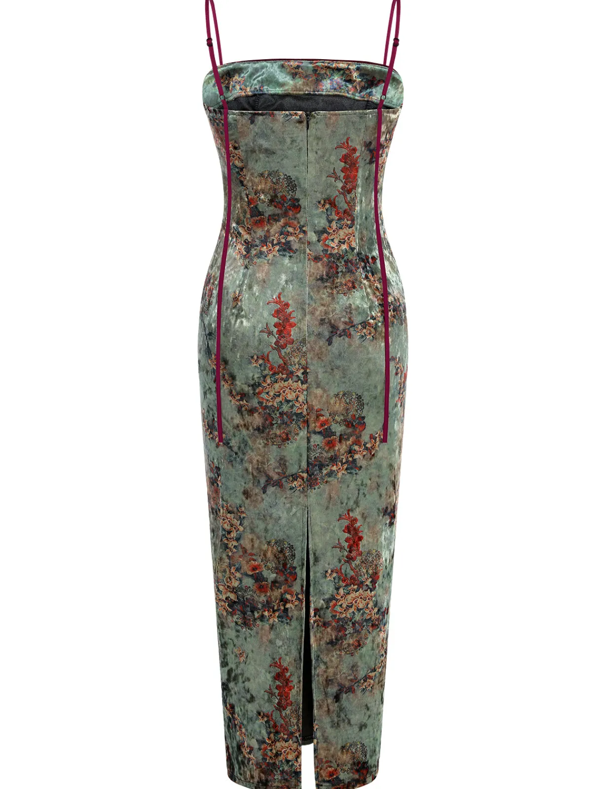 Best Retro Stage 1960s Floral Velvet Spaghetti Strap Dress Green