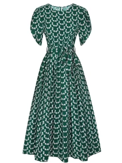 Sale Retro Stage 1940s Floral Waist Tie Dress Green