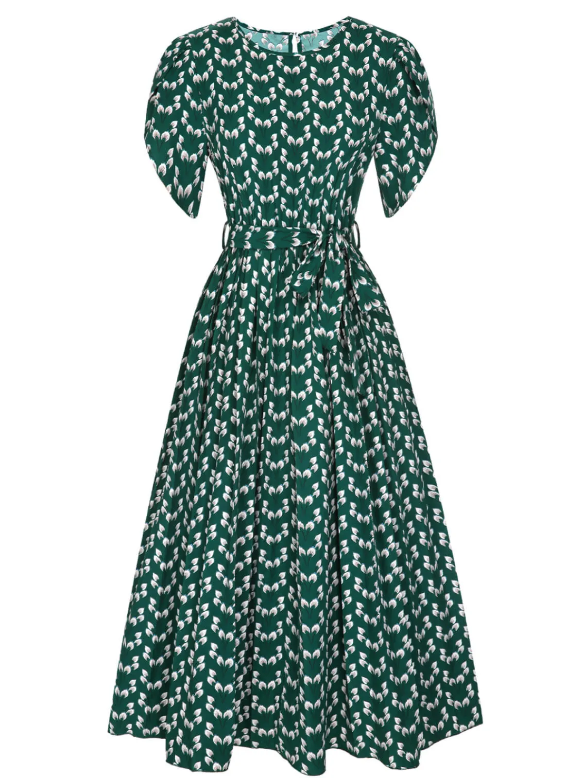 Sale Retro Stage 1940s Floral Waist Tie Dress Green