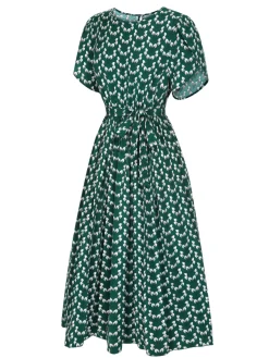 Sale Retro Stage 1940s Floral Waist Tie Dress Green