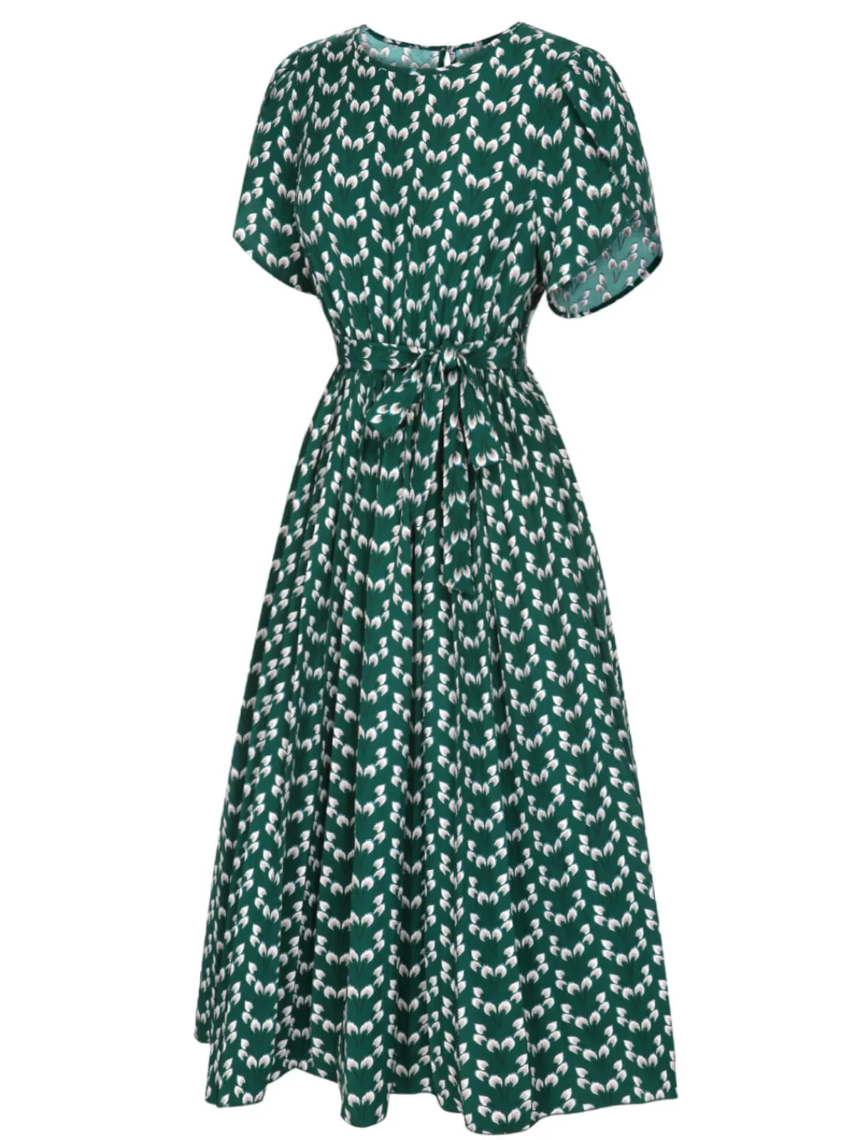 Sale Retro Stage 1940s Floral Waist Tie Dress Green