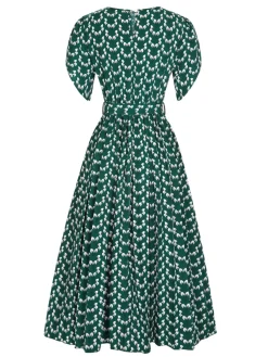 Sale Retro Stage 1940s Floral Waist Tie Dress Green