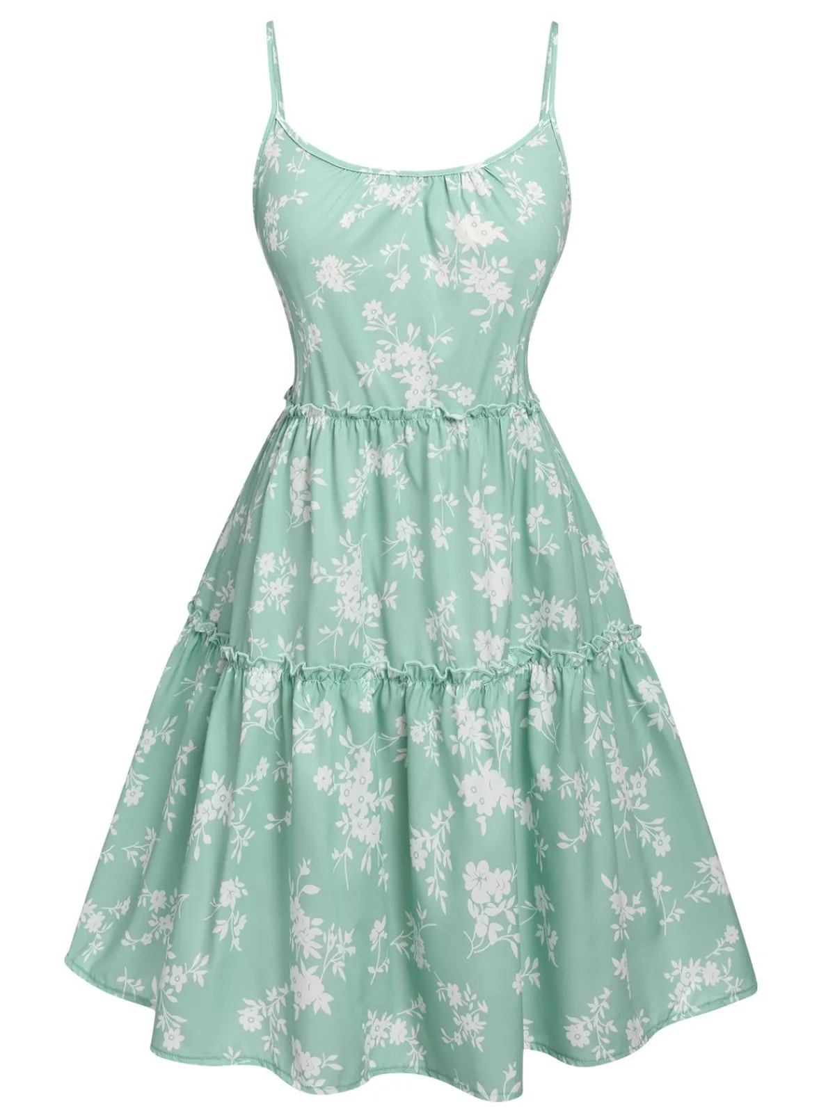 Best Retro Stage 1960s Floral Wrinkle Suspender Dress Green