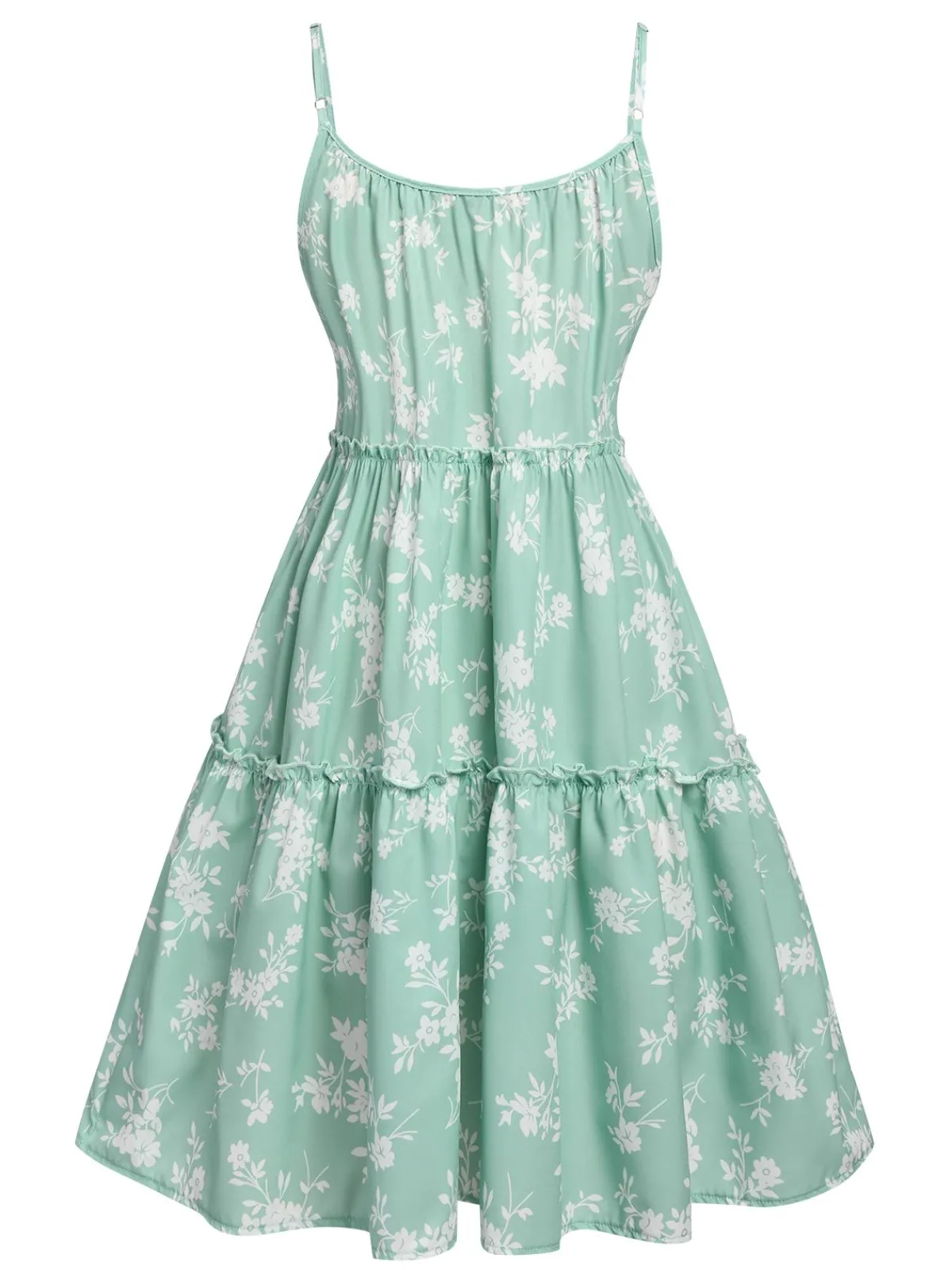 Best Retro Stage 1960s Floral Wrinkle Suspender Dress Green
