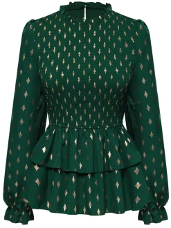 Online Retro Stage 1940s Geometric Lantern Blouse Green