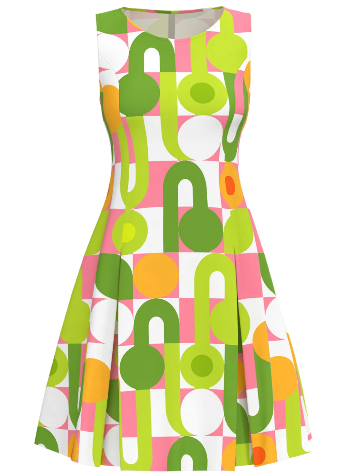 Discount Retro Stage Green 1960s Geometric Print Round Neck Shift Dress Gray Green