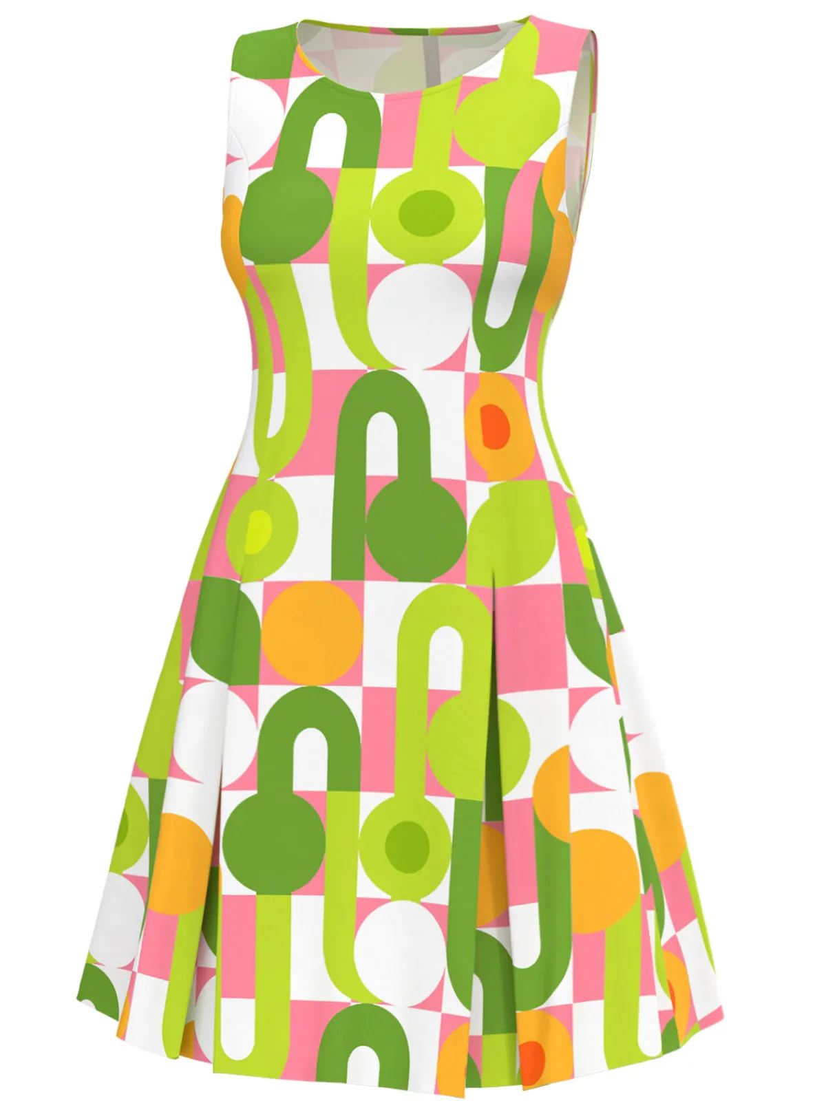 Discount Retro Stage Green 1960s Geometric Print Round Neck Shift Dress Gray Green
