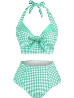 Sale Retro Stage Green 1950s Gingham Halter Bowknot Bikini Set