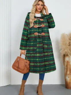 Online Retro Stage 1950s Gingham Plaid Hooded Coat Green