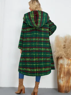 Online Retro Stage 1950s Gingham Plaid Hooded Coat Green