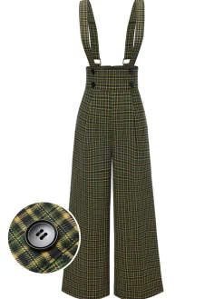 New Retro Stage Green 1940s Glen Plaid Buttoned Overall Pants