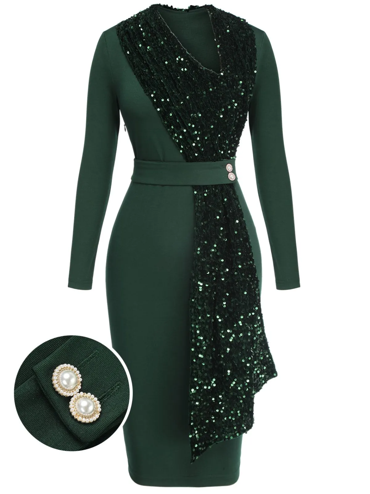 Hot Retro Stage 1960s Glitter Patchwork Belted Dress Green