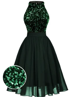 New Retro Stage Green 1950s Gold Glitter Patchwork Dress
