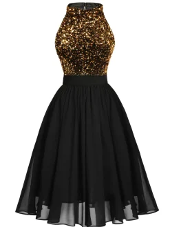 New Retro Stage Green 1950s Gold Glitter Patchwork Dress