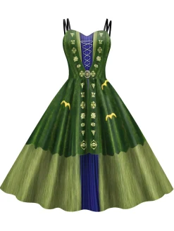 Online Retro Stage 1950s Halloween Double Straps Patchwork Dress Green