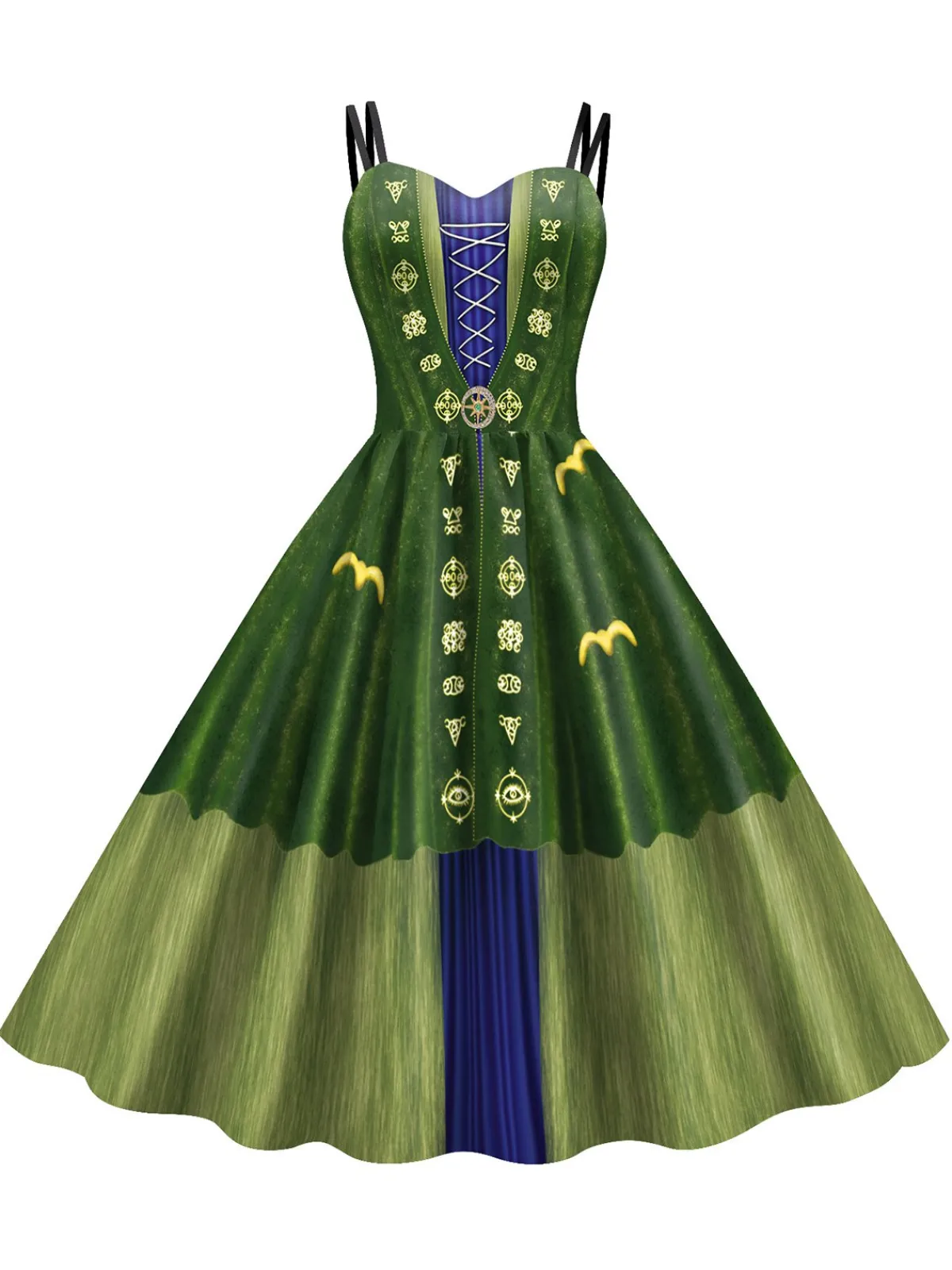 Online Retro Stage 1950s Halloween Double Straps Patchwork Dress Green