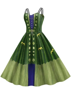 Online Retro Stage 1950s Halloween Double Straps Patchwork Dress Green