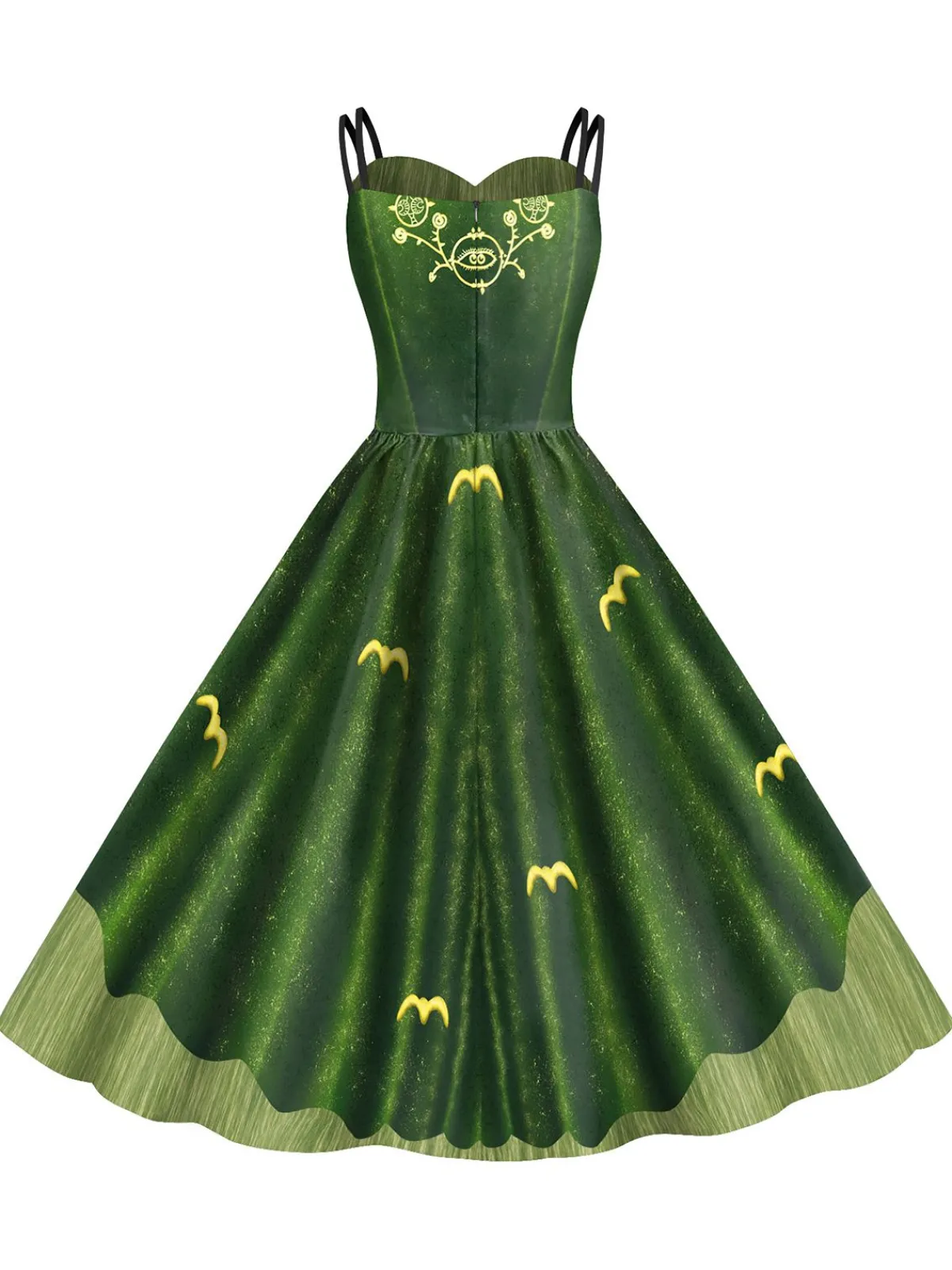 Online Retro Stage 1950s Halloween Double Straps Patchwork Dress Green