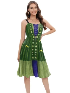 Online Retro Stage 1950s Halloween Double Straps Patchwork Dress Green