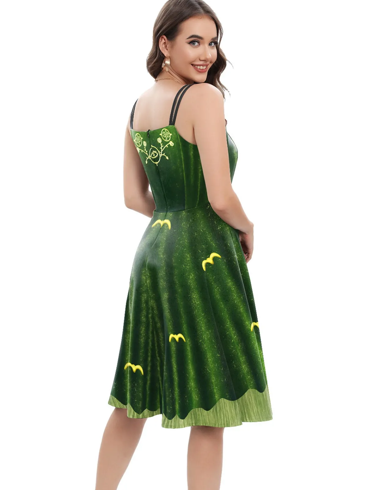 Online Retro Stage 1950s Halloween Double Straps Patchwork Dress Green