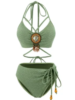 Hot Retro Stage 1970s Halter Boho Beaded Bikini Set Green
