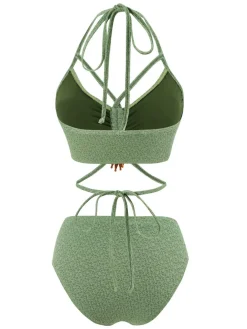 Hot Retro Stage 1970s Halter Boho Beaded Bikini Set Green