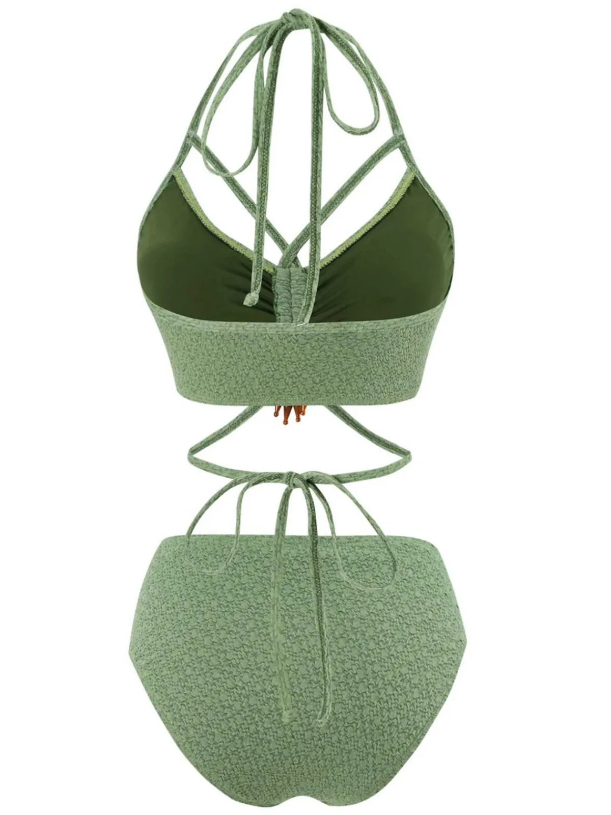 Hot Retro Stage 1970s Halter Boho Beaded Bikini Set Green