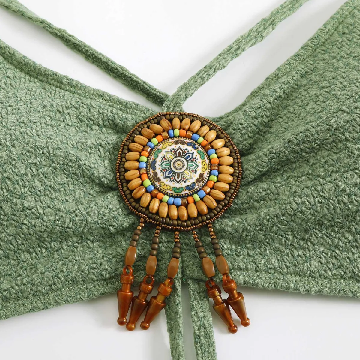 Hot Retro Stage 1970s Halter Boho Beaded Bikini Set Green