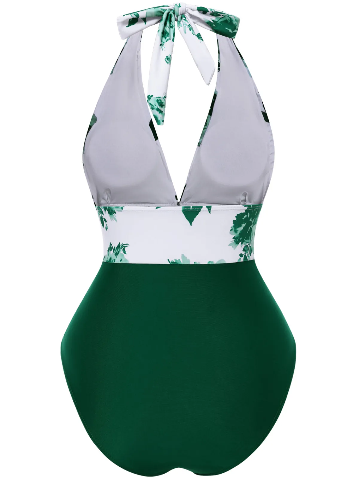 Fashion Retro Stage Green 1940s Halter Floral Ruched One-piece Swimsuit