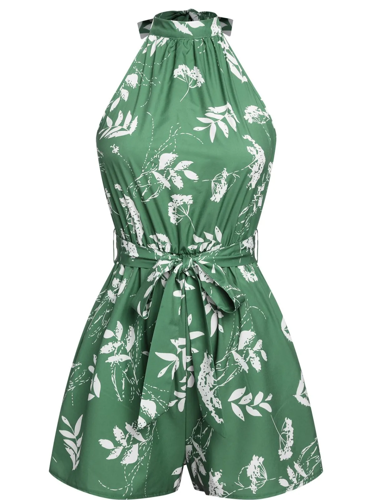 Discount Retro Stage 1960s Halter Plants Belted Romper Green