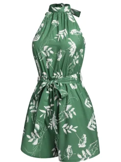 Discount Retro Stage 1960s Halter Plants Belted Romper Green