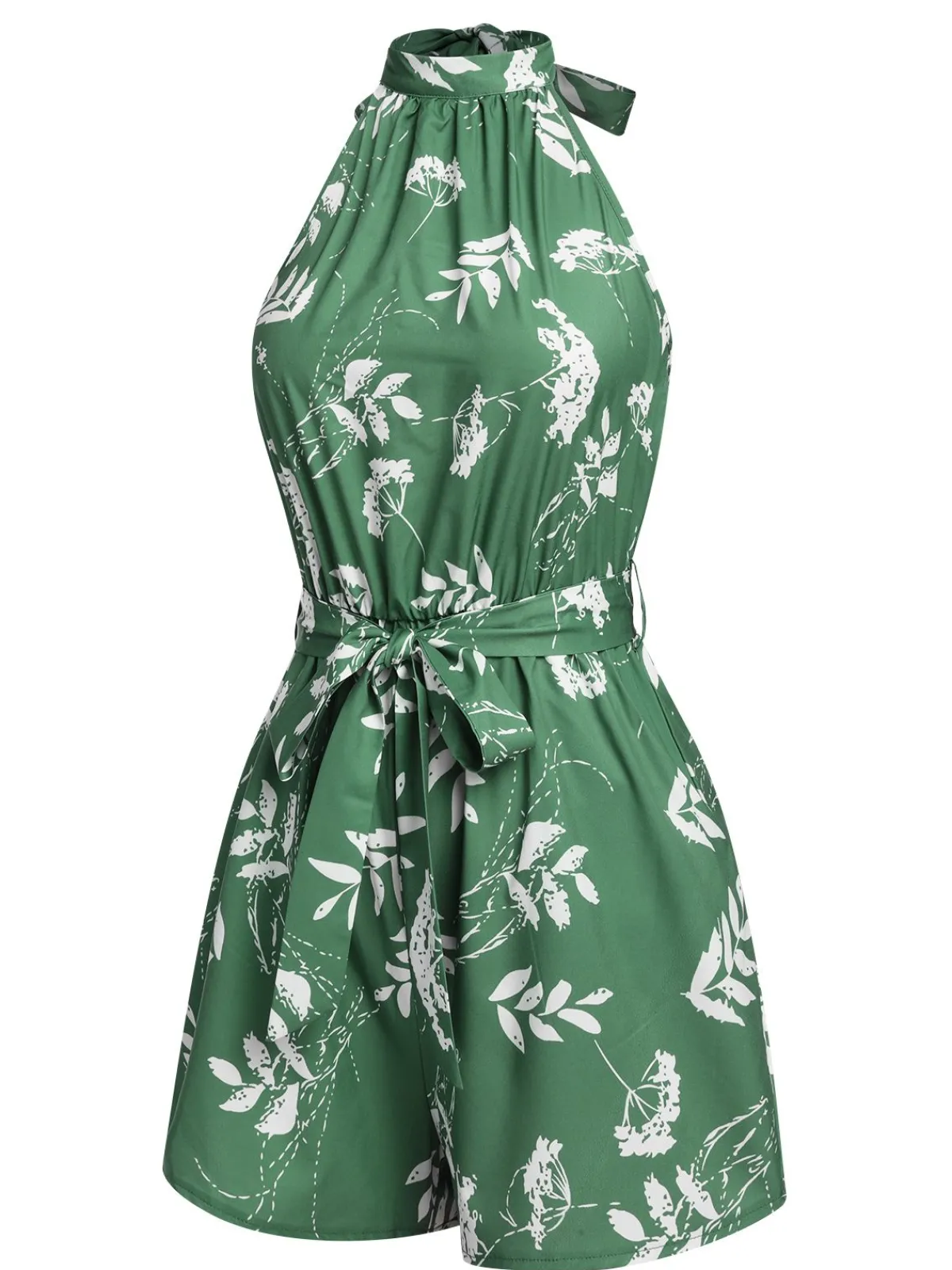Discount Retro Stage 1960s Halter Plants Belted Romper Green
