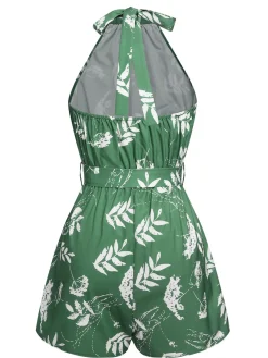 Discount Retro Stage 1960s Halter Plants Belted Romper Green