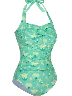 Online Retro Stage 1930s Halter Plants Print One-Piece Swimsuit Green