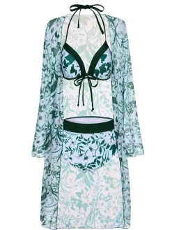 Best Retro Stage 1950s Halter Plants Print Swimsuit & Cover-Up Green