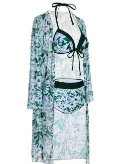 Best Retro Stage 1950s Halter Plants Print Swimsuit & Cover-Up Green