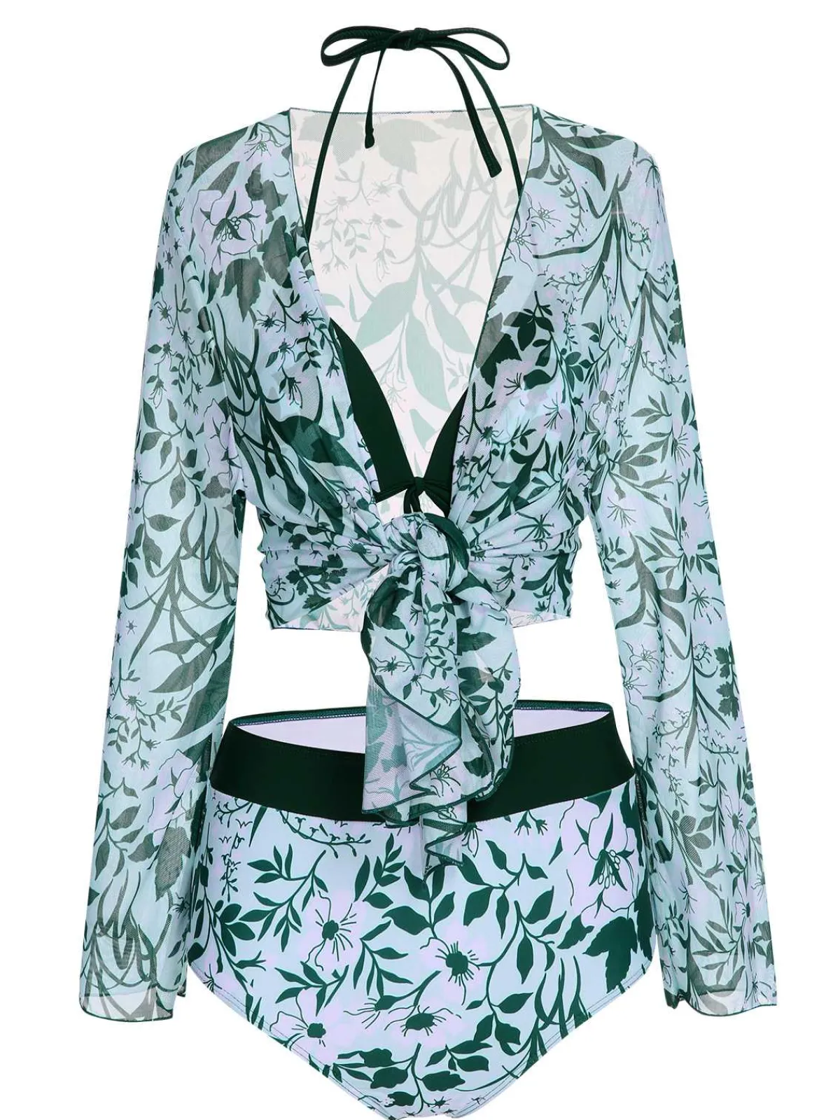 Best Retro Stage 1950s Halter Plants Print Swimsuit & Cover-Up Green